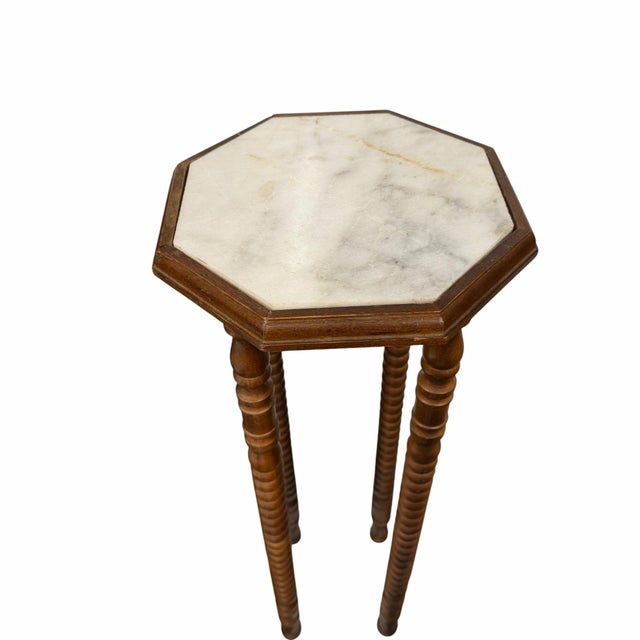 Mid 20th Century Vintage Marble and Wood Spool Leg Pedestal, Plant Stand For Sale - Image 5 of 9