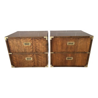Lane Furniture Campaign Style 2 Drawer Walnut Nightstands - A Pair For Sale