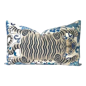 Chinoiserie Tibetan Tiger Blue White Pillow Cover, 16x26 Lumbar