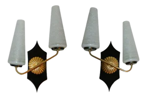 Pair of Art Deco French Sconces in Brass, Bakelite & Blown Opaline Glass Shades