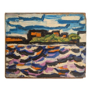Mid-Century Expressionist Waterfront Landscape Painting, Acrylic on Board For Sale