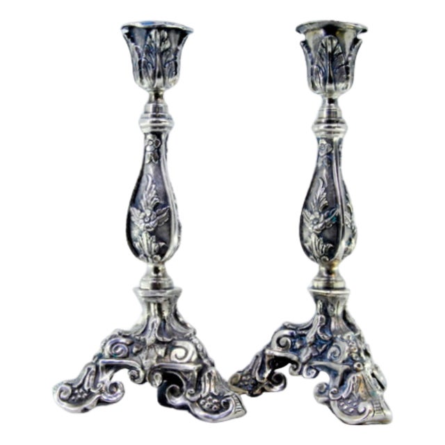 Candlesticks in Embossed Silver with Flowers For Sale