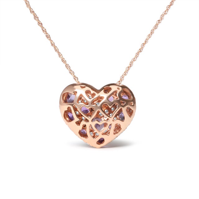 18K Rose Gold 3/4 Cttw Diamond and Purple Amethyst Cluster Heart Shape 18" Pendant Necklace (G-H Color, SI1-SI2 Clarity) For Sale - Image 4 of 6