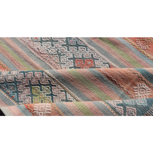 Colorful Vintage Turkish Embroidered Kilim With Stripe's and Geometric Motifs For Sale - Image 9 of 10