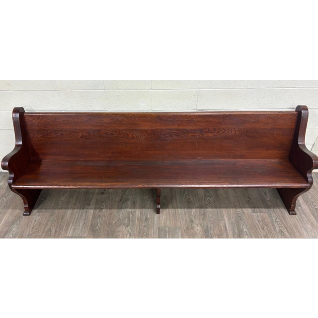 Gothic Antique American Gothic Revival 8 Ft Carved Solid Oak Church Pew For Sale - Image 3 of 12