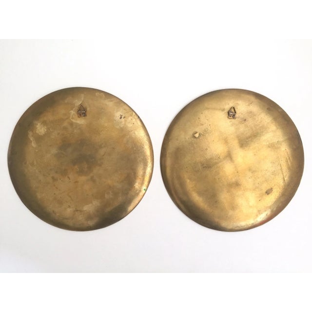 Vintage Mid Century Moroccan Brass Multicolor Inlaid Enamel Decorative Wall Plates - Set of 2 For Sale - Image 12 of 13