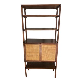 Mid 20th Century Walnut and Woven Cane Shelving Unit With Storage For Sale