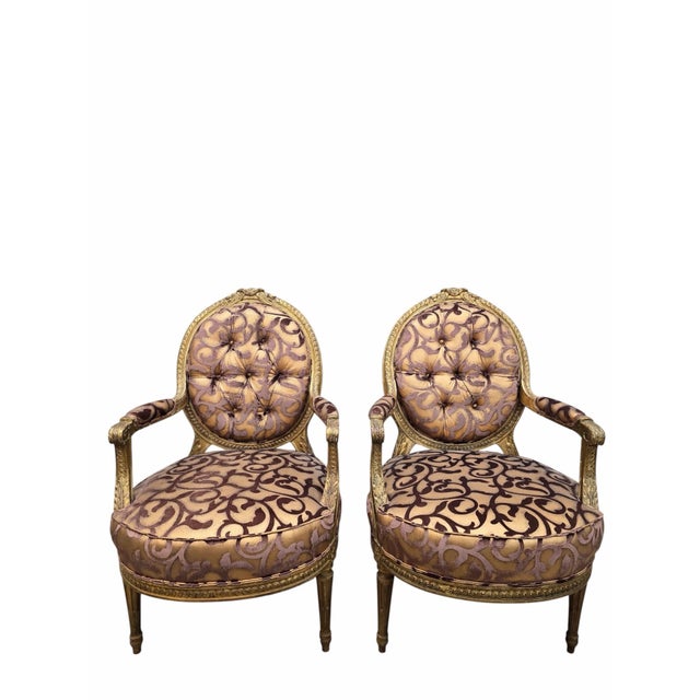 Antique French Louis XV Style Ornate Carved Giltwood Fauteuil Armchairs Newly Reupholstered in a High End Stenciled Fabric...