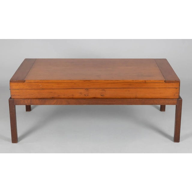 19th Century mahogany folding and portable bagatelle board game box mounted as a coffee table, the hinged lid opens to...