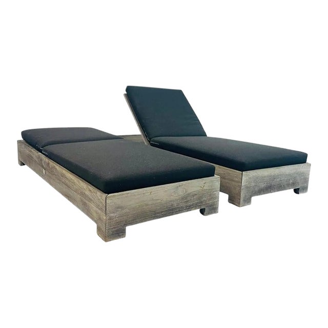 Restoration Hardware Teak Outdoor Loungers With Black Cushions - Set of 2 For Sale