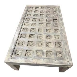 Antique Whitewashed Lotus Carved Coffee Table – Rustic Indian Ceiling Panel Accent Table 68 For Sale