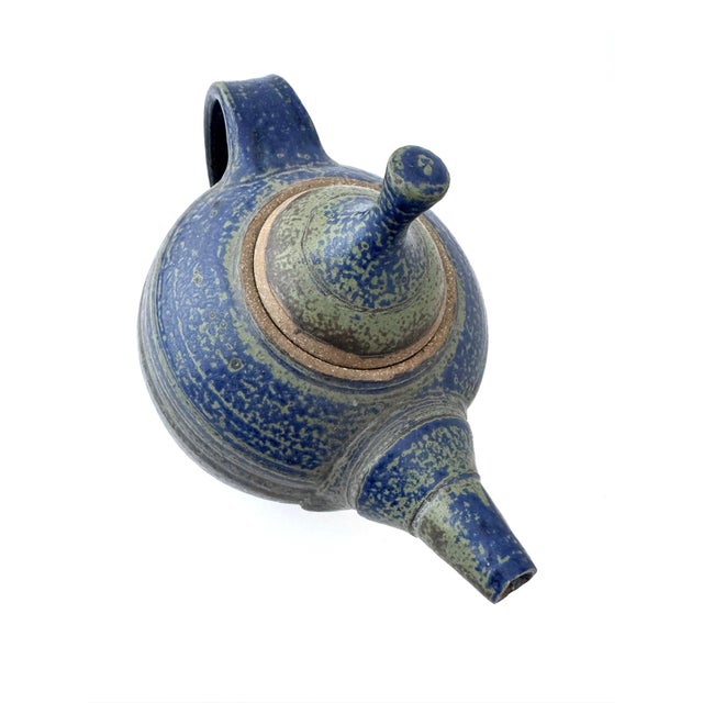Ceramic Vintage Blue Stoneware Pottery Teapot, Signed For Sale - Image 7 of 11
