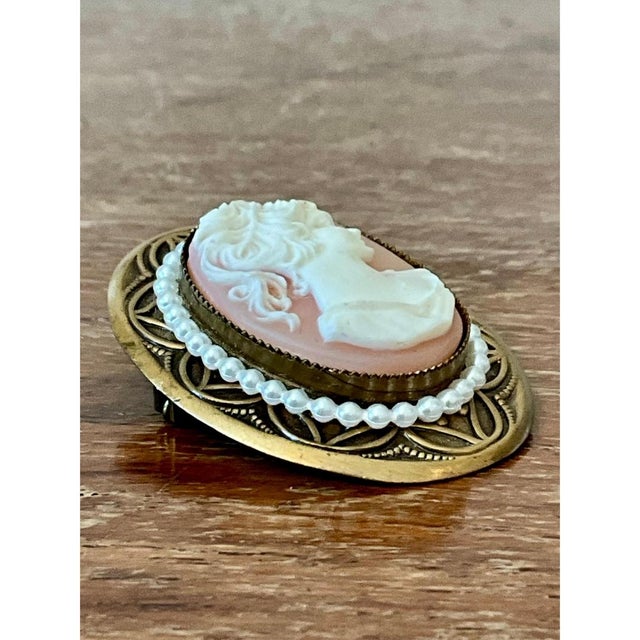 Vintage Gold Tone Cameo Pendant Brooch With Faux Pearl Border For Sale In West Palm - Image 6 of 12