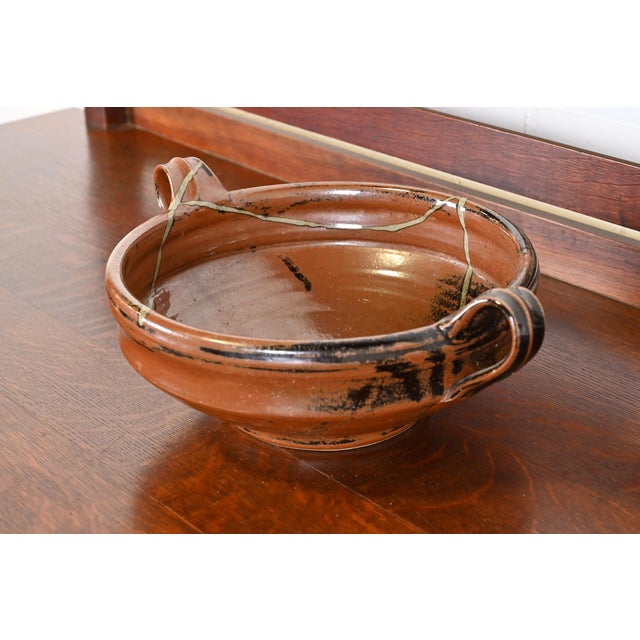 Large Painted Glazed Ceramic Studio Pottery Bowl With Handles From