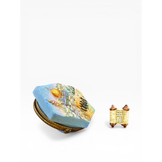 Limoges, France Late 20th Century Hand-Painted Limoges Porcelain Jerusalem Box – Dome of the Rock Scene With Torah Scroll Interior, Artist Proof For Sale - Image 4 of 6