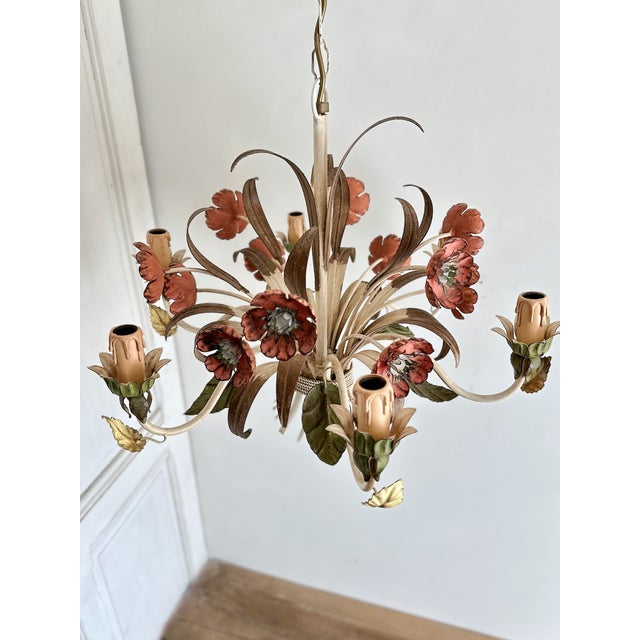 Vintage Passeri Florentine Floral Chandelier in Hand-Painted Wrought Iron, Italy, 1960s For Sale - Image 10 of 15
