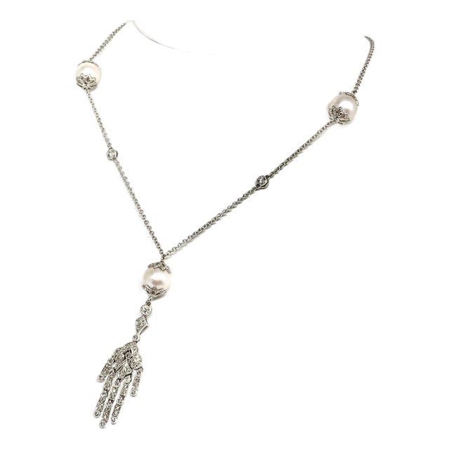 Diamond South Sea Pearl Drop Necklace 14k White Gold Certified For Sale