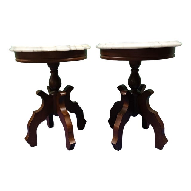 Wooden Small Mahogany Table Bases With Marble Tops For Sale