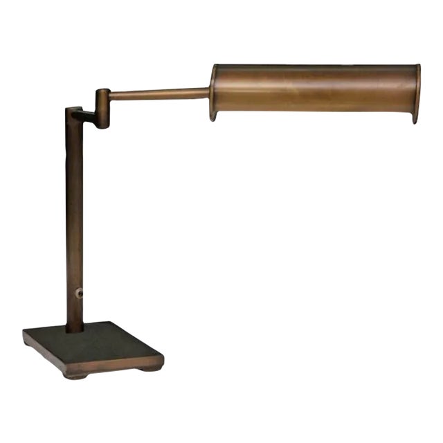 Vintage Walter Von Nessen Brass Swing Arm Table Lamp With Adjustable Cylindrical Shade For Sale