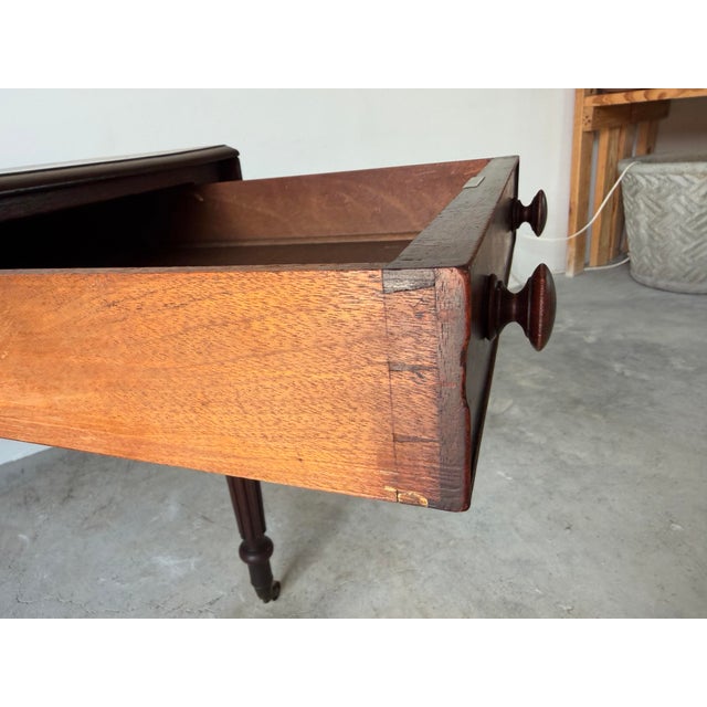 Antique English Regency Solid Mahogany Pembroke Drop-Leaf Table With Drawer & Original Casters For Sale - Image 10 of 12