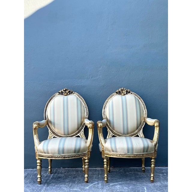Vintage Gilt Medallion Fauteuil Chairs - A Pair For Sale - Image 4 of 12
