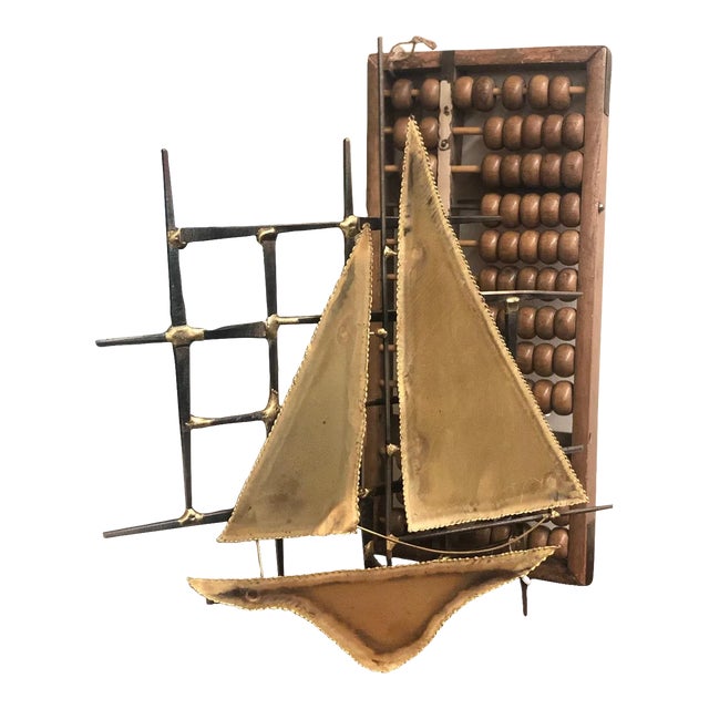 Vintage Mid-Century Modern Metal Welded Gold/Bronze Colored Ship Model For Sale