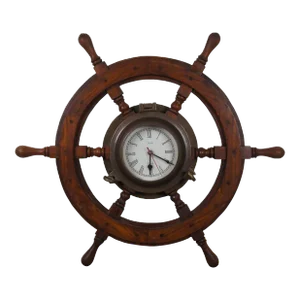 Late 20th Century Smith London Nautical Maritime Ships Wheel Brass Porthole Wall Clock