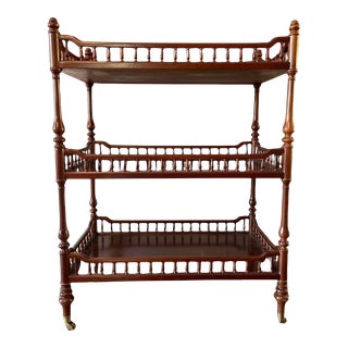 1970s Vintage Mahogany Three-Tier Etagere Server Bar Cart on Brass Casters For Sale