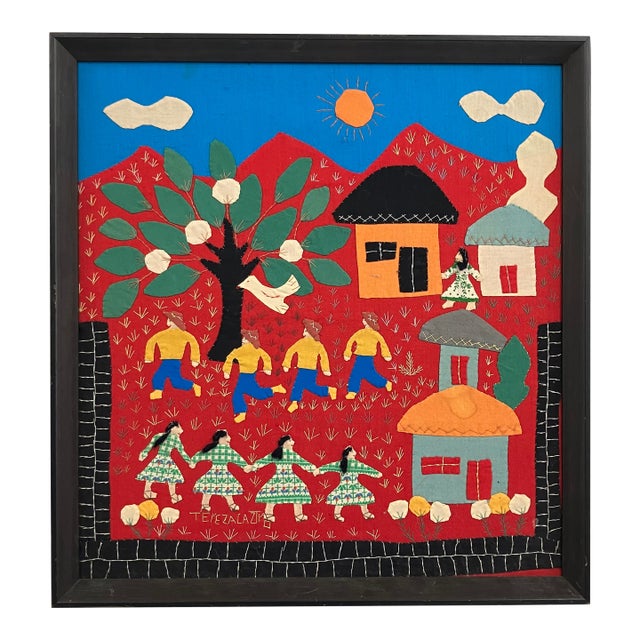 Tereza Laztiko – Signed Mexican Appliqué Folk Art Village Scene For Sale