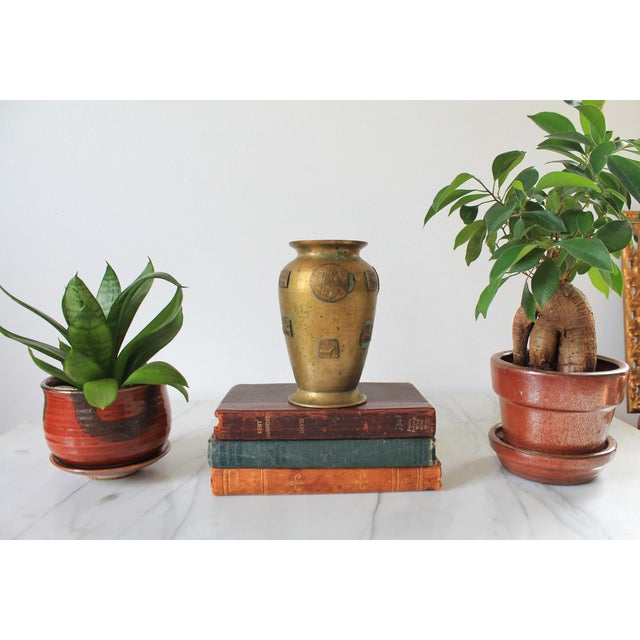 Antique brass vase with Sunga Dynasty coin relief. No makers mark. Patina.