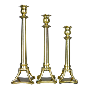Mid 20th Century Tall Brass Tulip Style Floral Graduated Candlestick Holders - Set of 3