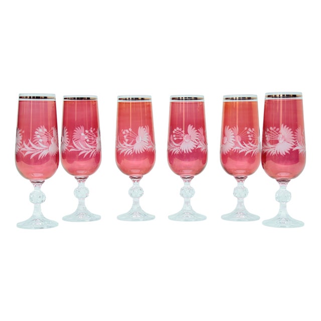 Ruby Red Champagne Glasses, 1950s, Set of 6 For Sale