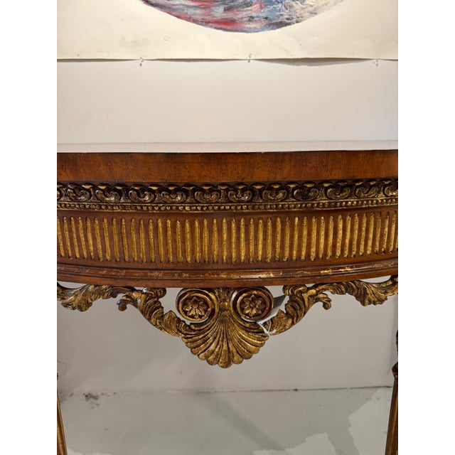 Vintage Louis XVI Style Giltwood Marquetry Demilune Console Table For Sale - Image 9 of 9