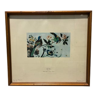 Vintage 1974 Chinese Bird & Floral Art Print in Gilt Bamboo-Style Frame For Sale