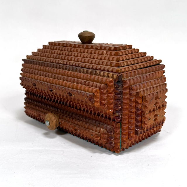 Tramp Art Lidded Jewelry Box With Drawer For Sale - Image 4 of 12