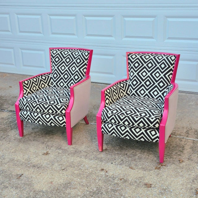 Sam Moore Hooker Furniture Fuschia Black & White “Nadia” Exposed Wood Bergere Lounge Chairs, a Pair For Sale - Image 12 of 12