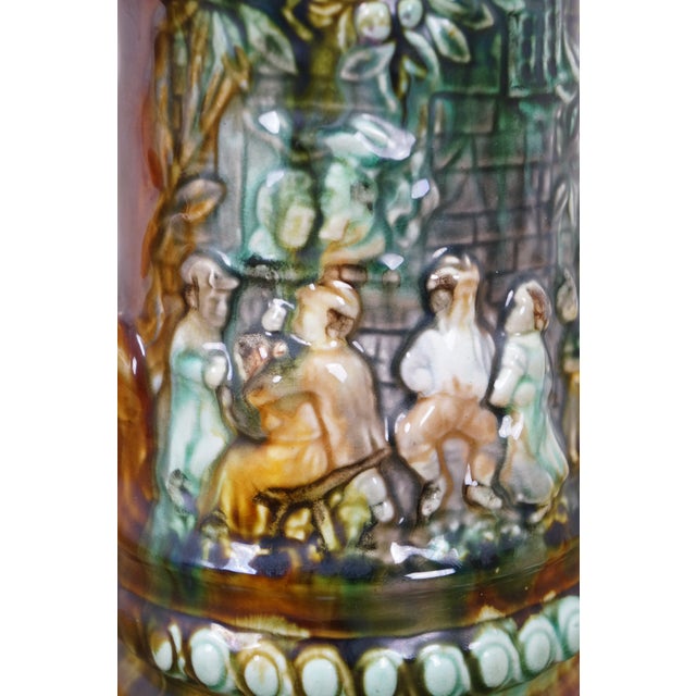 Antique Onnaing Majolica 714 Castle Courtyard Tavern Green Man Jug Pitcher 9" For Sale - Image 9 of 17