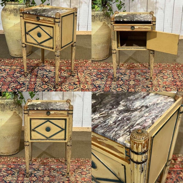 Bedside table in painted beechwood with marble top in Louis XVI style, late 19th century - W=43cm D=33.5cm H=71cm.