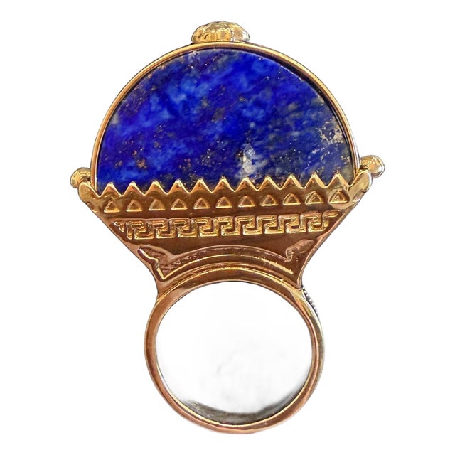 Retro Versace Lapis Lazuli Domed Ring With Medusa Logo and Greek Key Detail, Size 8 For Sale