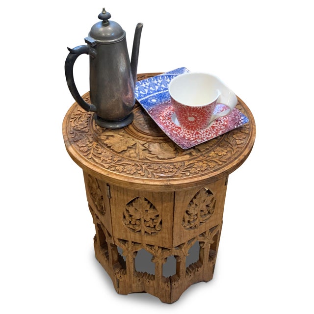 Antique Middle Eastern Circular Carved Side Table with Brass Inlay For Sale - Image 6 of 7