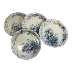 Antique Set of 4 Sampson Hancock Aesthetic Movement Blue Poppy Floral Pattern Luncheon Plates From England - Circa 1885