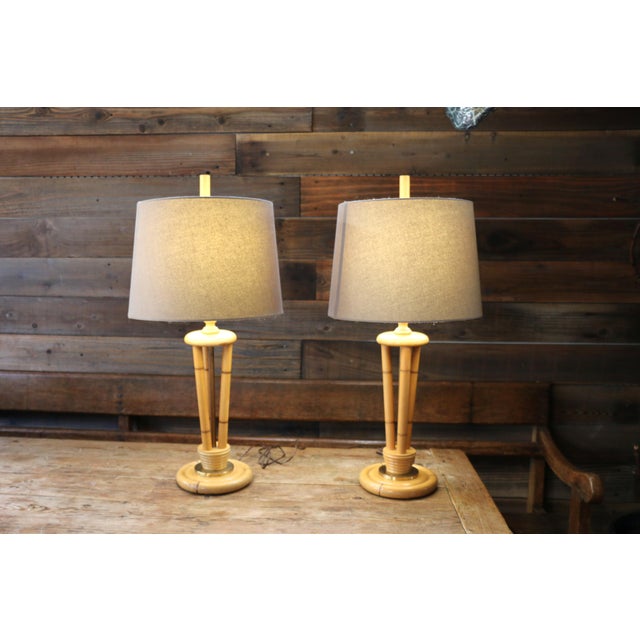 1950s 1950s Heywood-Wakefield Bamboo Style Table Lamps | Pair of Mid Century Modern Wood Lamps For Sale - Image 5 of 18