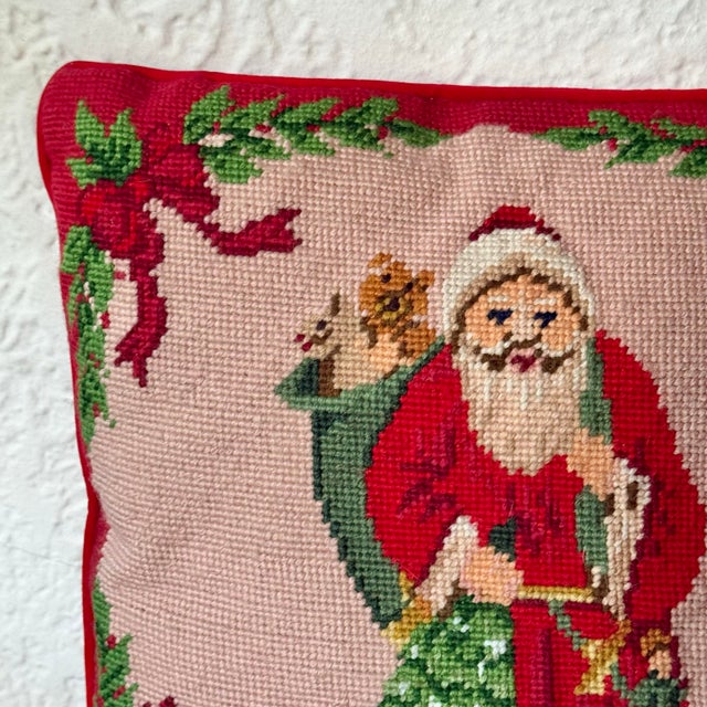 English 1970s Traditional Santa Needlepoint Pillow For Sale - Image 3 of 9