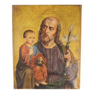 18th or 19th Century Religious Icon Oil Painting of St. Joseph For Sale