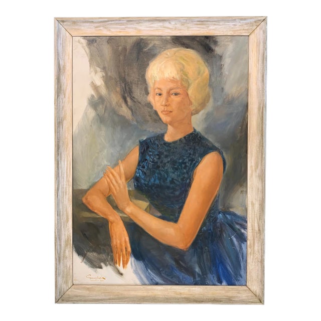 Original Mid-Century Modern Female Portrait Painting 60's . Large For Sale
