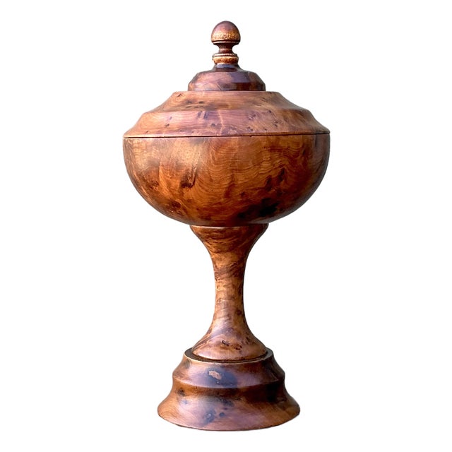 Vintage Turned Burl Wood Lidded Bowl on Pedestal For Sale