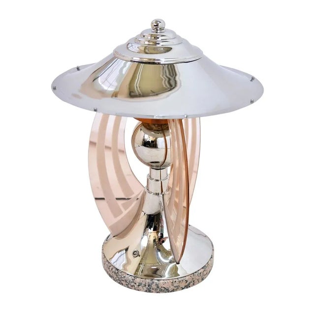Chrome table lamp with rosaline colored glass arches Round chrome table lamp Rosalin colored glass arches Marble base...
