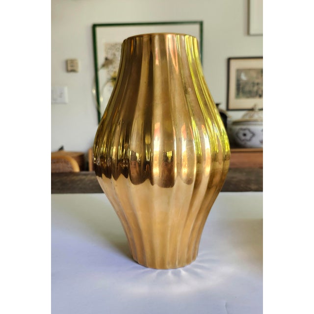 1990s Jonathan Adler Gold Belly Ribbed Pottery Vase For Sale - Image 5 of 6
