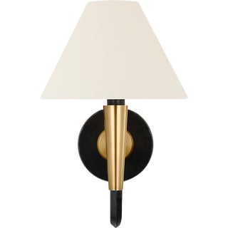 Thomas O'Brien for Visual Comfort Signature Cavalli 13" J-Arm Sconce in Aged Iron and Hand-Rubbed Antique Brass with Linen Shade For Sale