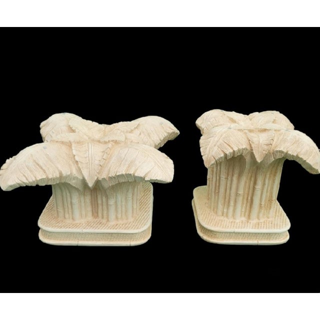 Sculpture Materials Vintage Plaster Cream Palm Beach Regency Palm Leaf Serge Roche Style Glass Top Side Table For Sale - Image 7 of 7